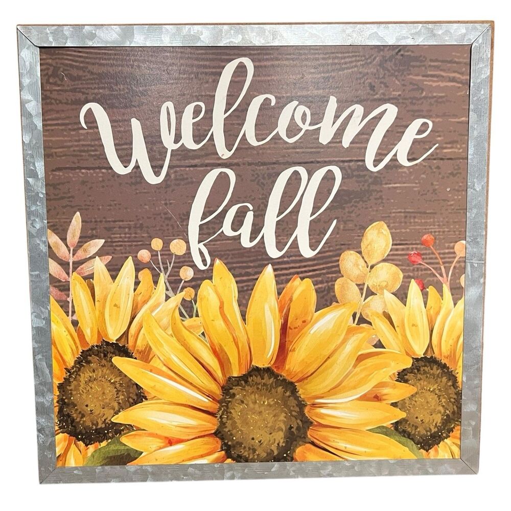 Welcome Fall Sunflower Hanging Sign 11x11 Galvanized Metal Trim Wood Sign Decor